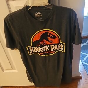 Gray and Red Jurassic Park Short Sleeve Tee